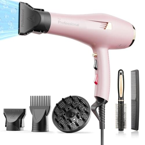 Professional Ionic Hair Dryer with Diffuser, Comb, Nozzle, Concentrator, 2 Speed, 3 Heat Settings, Cool Button, White