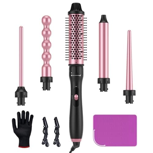LANDOT 5-in-1 Curling Iron Set: 1.5" Thermal Brush & Ceramic Wands for Lasting Curls