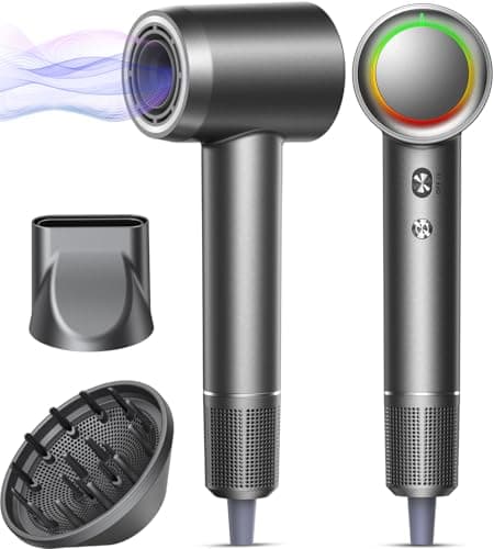 Professional 160k RPM Negative Ionic Hair Dryer, Fast & Quiet with Magnetic Diffuser, Gray