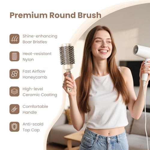 AIMIKE Nano Ceramic Ionic Hair Brush, 2.1 Inch Barrel, Boar Bristles, Hair Drying & Styling + 4 Clips