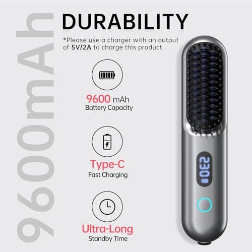 Cordless Hair Straightener Brush - 9 Temp Settings, 9600mAh Battery, Mini Comb (Metallic Grey)