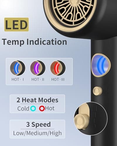 Professional 1875 Watt Ionic Hair Dryer with Diffuser/Nozzle, LED Temp Display (Black)