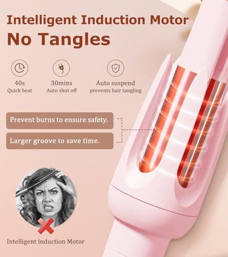Automatic Hair Curler with 4 Temp & 3 Timer, Anti-Scald, Anti-Tangle, Pink