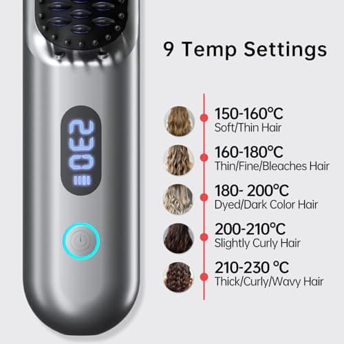 Cordless Hair Straightener Brush - 9 Temp Settings, 9600mAh Battery, Mini Comb (Metallic Grey)