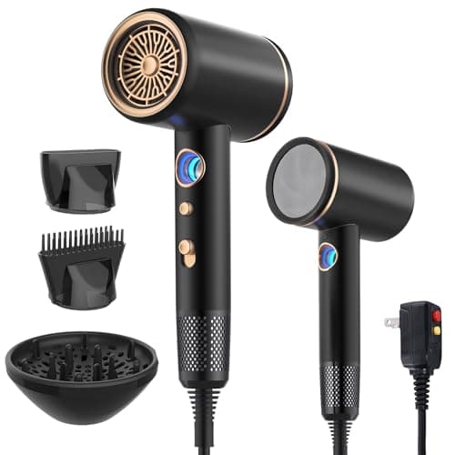 Professional 1875 Watt Ionic Hair Dryer with Diffuser/Nozzle, LED Temp Display (Black)