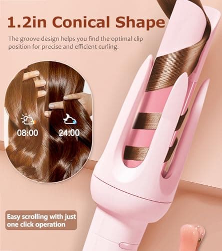 Automatic Hair Curler with 4 Temp & 3 Timer, Anti-Scald, Anti-Tangle, Pink