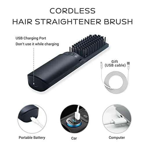 Portable USB Rechargeable 2-in-1 Hair Straightener Brush (Black)