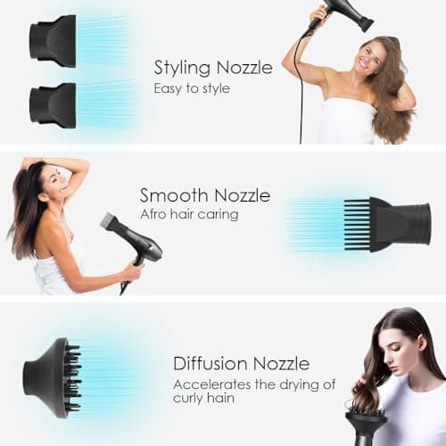 Ionic Salon Professional Blow Dryer, Fast & Quiet AC Motor, 2 Speed, 3 Heat Settings, Cool Shot, with Diffuser & Nozzle-