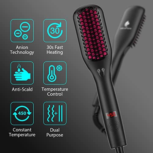 MiroPure Ionic Heated Straightening Brush, 30s Fast Heating, 11 Temp Control (Black)