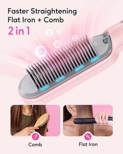 Wavytalk Sleek Ionic Straightening Brush, 6 Temp Adjust, Anti-Scald Ceramic, Fast Heat, Dual Voltage, Pink