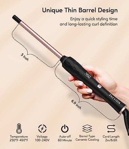 Terviiix 9mm Thin Ceramic Curling Iron with Argan Oil, Digital Temp & Auto-Off