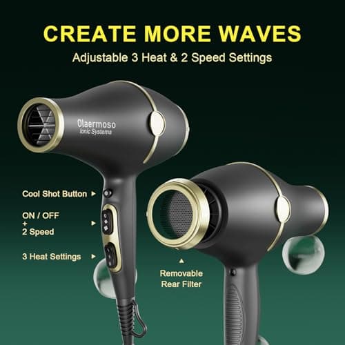 Professional Ionic Hair Blow Dryer, 2200W Quick Dry with Diffuser & 2 Nozzles