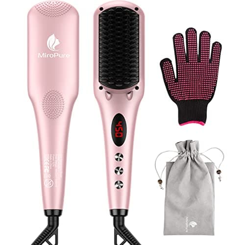MiroPure 2-in-1 Ionic Ceramic Straightener Brush, Anti-Scald, Auto Temperature Lock & Off (Black)