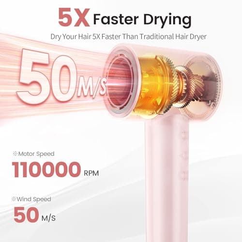 Professional Ionic Hair Dryer, 110,000 RPM, Fast, Lightweight, Pink