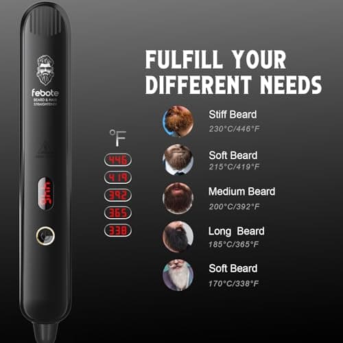 Ionic Heating Hair Straightener for Men - 5 Temp Settings, Anti-Scald, Beard Shaper, Travel Bag