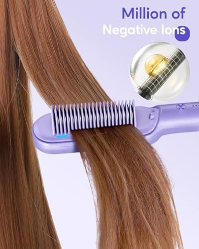 Wavytalk Ionic Hair Straightener Brush with 6 Temperature Settings, Anti-Scald Design, Fast Heating for Home and Travel, Purple