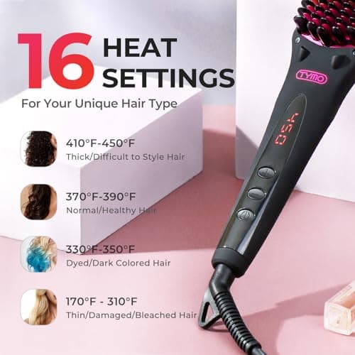 TYMO Ionic Hair Straightener Brush - Frizz-Free Styles, 16 Temp Settings, LCD Display