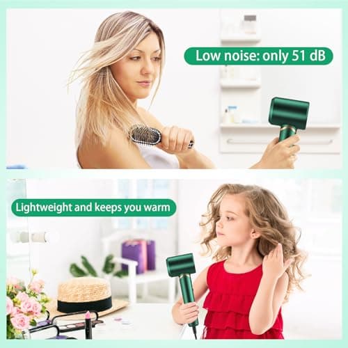 High-Speed Brushless 110000 RPM Negative Ionic Hair Dryer - Fast, Quiet, 3 Heat Speeds, Cold Air, Green