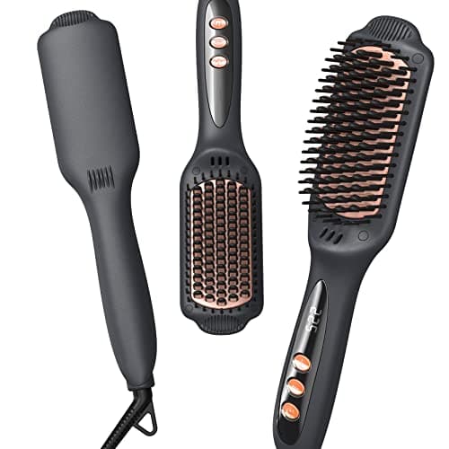 LANDOT Ceramic Straightener Brush: Negative Ion Electric Heater for Smooth & Frizz-Free Hair - Dual Voltage Fast Heating
