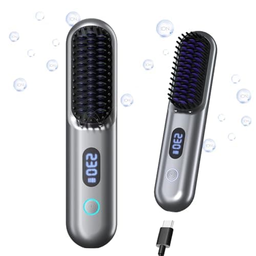Cordless Hair Straightener Brush - 9 Temp Settings, 9600mAh Battery, Mini Comb (Metallic Grey)