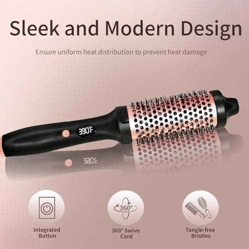 FOTN Rose Gold 1.5 Inch Ceramic Thermal Curling Brush, 5 Temp Settings, Negative Ion Tech