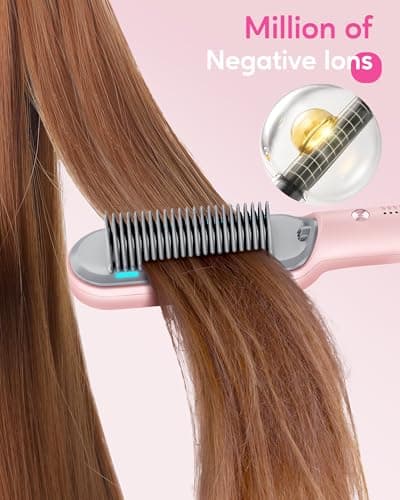 Wavytalk Sleek Ionic Straightening Brush, 6 Temp Adjust, Anti-Scald Ceramic, Fast Heat, Dual Voltage, Pink