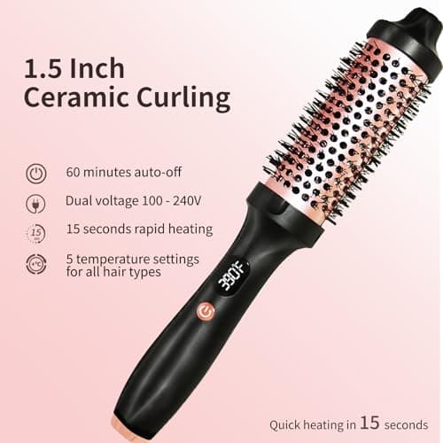 FOTN Rose Gold 1.5 Inch Ceramic Thermal Curling Brush, 5 Temp Settings, Negative Ion Tech