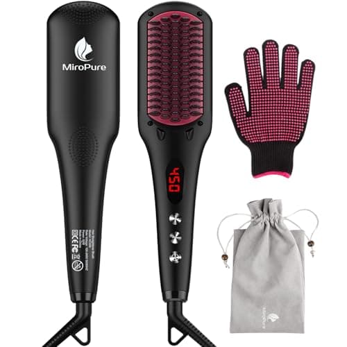 MiroPure 2-in-1 Ionic Ceramic Straightener Brush, Anti-Scald, Auto Temperature Lock & Off (Black)