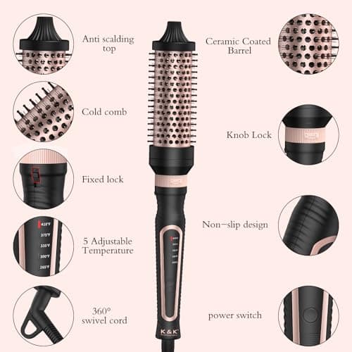 Ionic Heated Round Curling Brush 3-in-1 Set for Dry Hair Volume Smoothing Ceramic Curl Iron (Black)