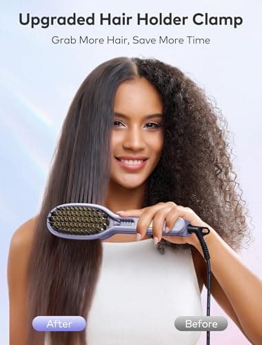 Ionic Ceramic Hair Straightener Brush, Anti-Frizz 2-in-1 Straightener/Curler with Clamp Holder (Purple)