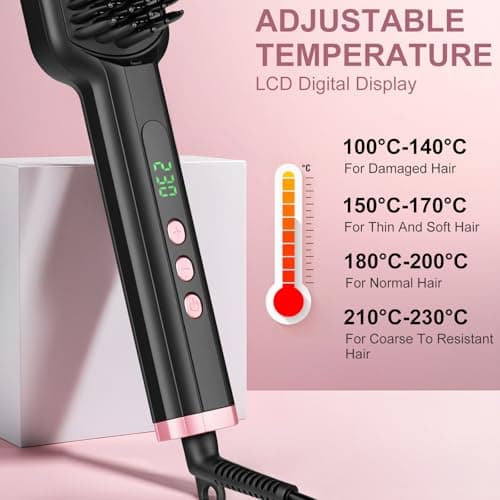 Siquer Ionic Hair Straightener Brush, 13 Temperatures LCD, Fast Heat, Auto-Off, Ceramic, Black