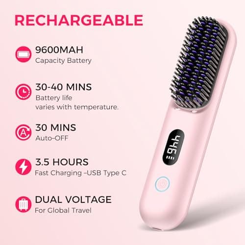 Portable Ionic Hot Comb with 9 Temp Settings, Rechargeable Straightening Brush, Gifts for Women