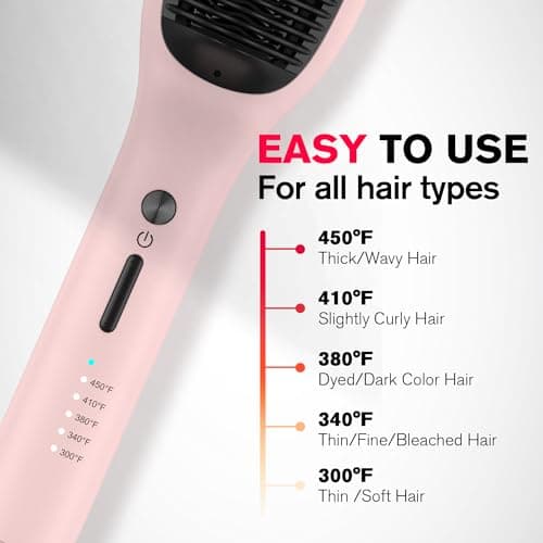 MiroPure Ceramic Hair Straightener Brush, Pink, 10.3" x 2.3", 5 Heat Settings, 30s Heat Up