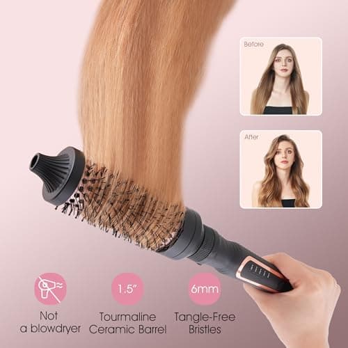 VAGARY 3-in-1 Heated Curling Brush, Dual Voltage, 5 Temp Settings, Ceramic Tourmaline