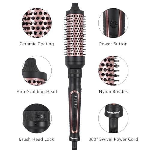 VAGARY 3-in-1 Heated Curling Brush, Dual Voltage, 5 Temp Settings, Ceramic Tourmaline