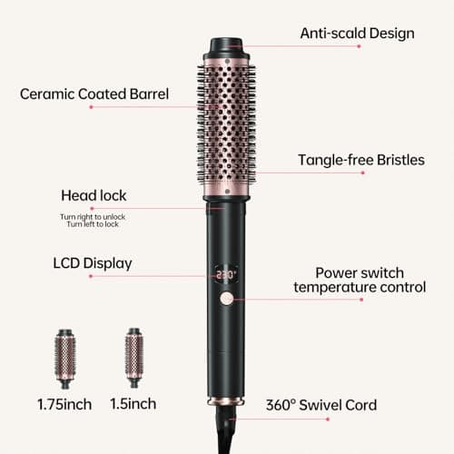 2in1 Negative Ion Thermal Brush - Heated Round Brush for Perfect Blow Out & Curls, 1.5" & 1.75", 5 Temp Settings, Dual V