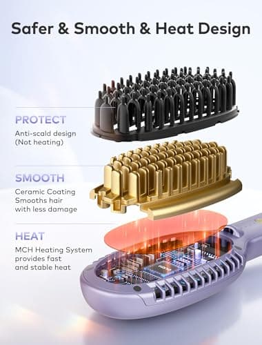 Ionic Ceramic Hair Straightener Brush, Anti-Frizz 2-in-1 Straightener/Curler with Clamp Holder (Purple)