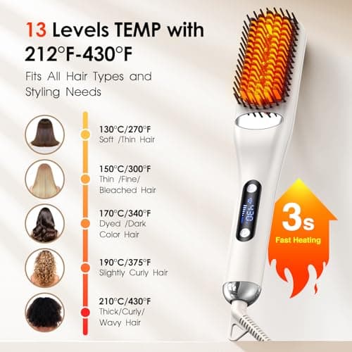 Steam Hair Straightener Brush - 3-in-1 13 Temp Straightening Comb, Fast Heating, Scalp-Friendly, Hair Protection, Travel