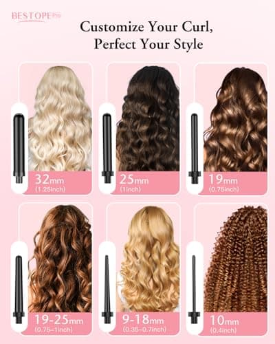 BESTOPE PRO 6-in-1 Long Barrel Curling Wand Set - Ceramic, 0.35"-1.25" Barrels, Black