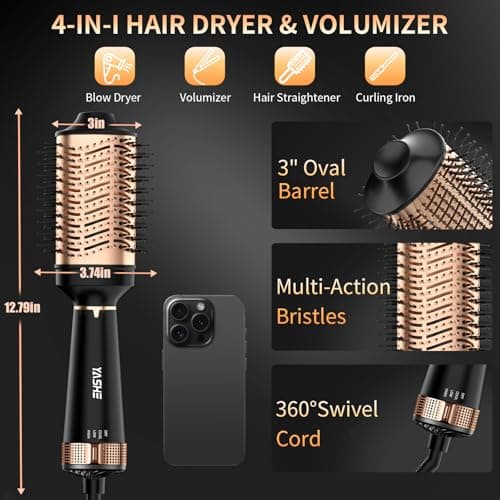 Ionic Hair Dryer Brush, Oval Titanium Barrel, 4 in 1 Drying, Straightening, Curling, Volumizing, Black