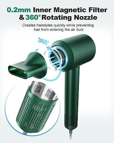 7MAGIC 1400W Ionic Fast Dryer, 110,000RPM Motor, Tri-Colour LED, Magnetic Nozzle, Green