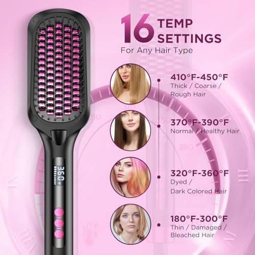 Black Global Voltage Hair Straightening Brush 30s Fast Heat Anti-Frizz Anti-Scald 16 Temp Modes