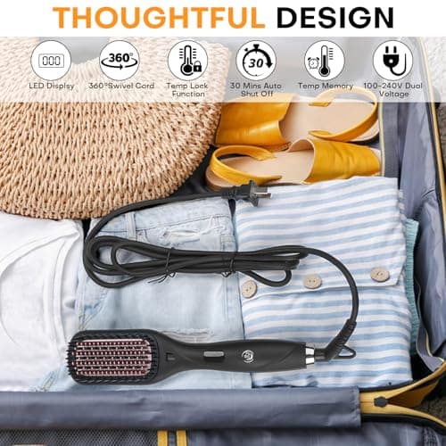 Ceramic Ionic Straightener Comb - Less Frizz & Fast Heating | 2-in-1 Flat Iron Brush | Black