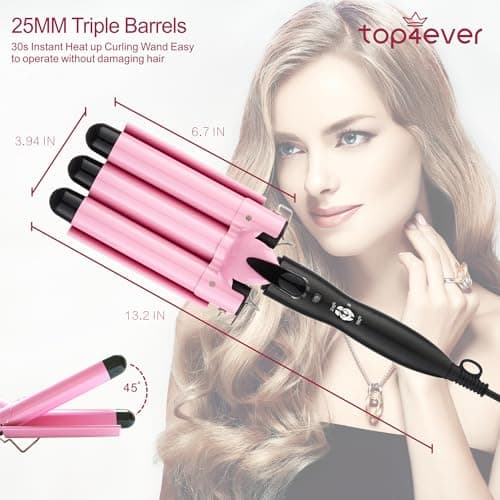 TOP4EVER 1-inch Curling Iron for Beach Waves, 2 Temperature Settings, Pink