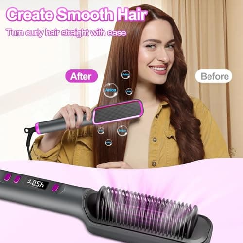 10s Fast Heating LCD Display Flat Iron Brush, 5 Temps, Anti-Scald, Negative Ions