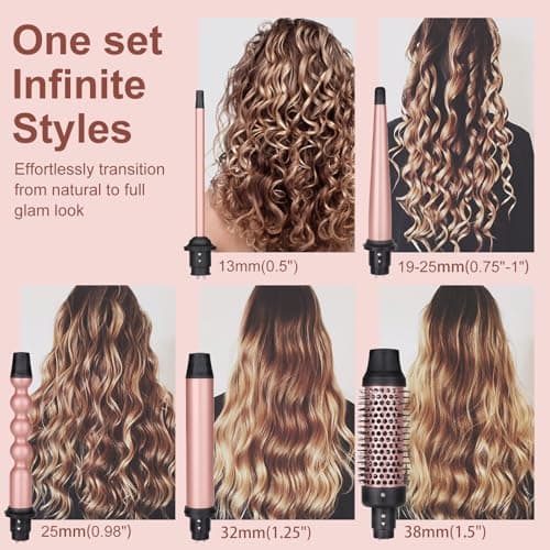 5-in-1 Curling Iron Set with Thermal Brush & 4 Ceramic Wand Sizes 0.5"-1.25", Fast Heating, Dual Voltage, Includes Glove