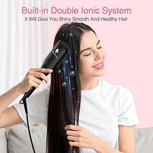 MiroPure 2-in-1 Ionic Ceramic Straightener Brush, Anti-Scald, Auto Temperature Lock & Off (Black)