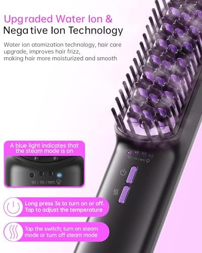 Steam Hair Straightener with Negative Ions - 3 Temp Settings, Ceramic Bristles, Auto Shut-Off
