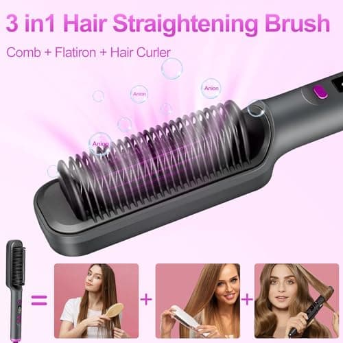 10s Fast Heating LCD Display Flat Iron Brush, 5 Temps, Anti-Scald, Negative Ions
