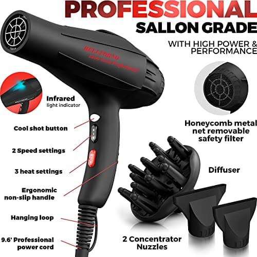 Bellforno 2200W Professional Hair Dryer with Diffuser & Negative Ionic Technology
